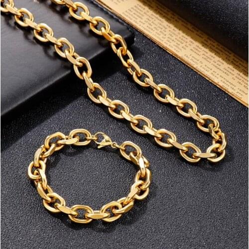 10mm Golden Stainless Steel Jewelry Set Link Chain Necklace and Bracelet Set For Mens Women Boys Jewelry Set Gift24inch + 8 inch