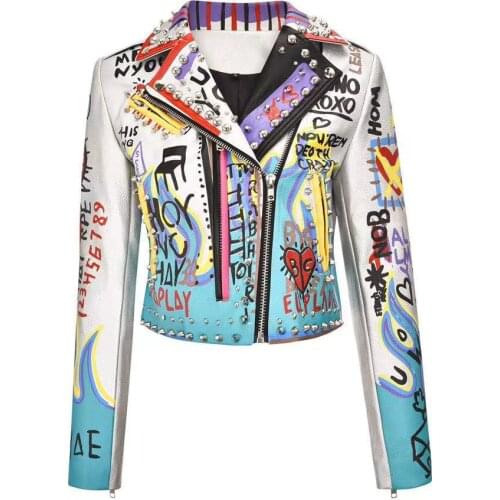 PU Leather Jacket Women Eagle Embroidery Graffiti Rivets Coats Female Heavy Industry Punk Biker Motorcycle Silver Bomber Jacket