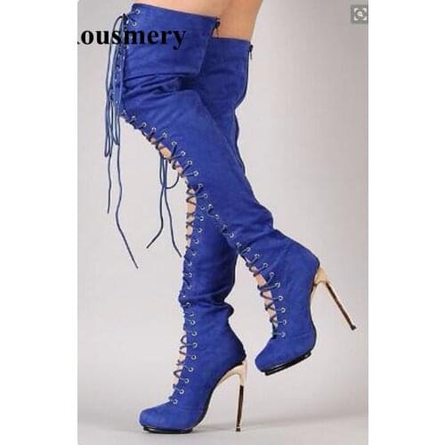 Hot Selling Women Round Toe Suede Leather Lace-up Over Knee High Heel Boots Stiletto Heel Cut-out Long Gladiator Boots