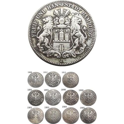 Germany 2 Mark Full set(1891-1913) 11pcs Silver Plated Copy Coins