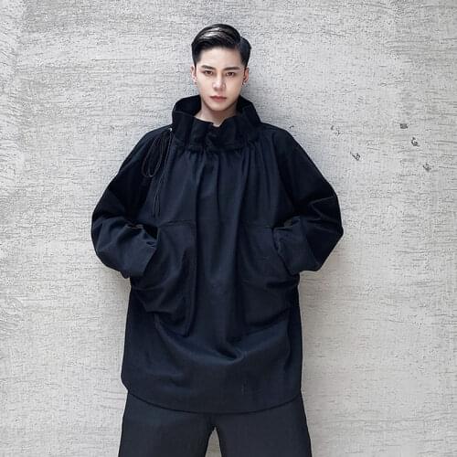 Men Adjustable Drawstring Stand Collar Pullover Jacket Overcoat Male Women Couple Japan Streetwear Loose Coat Outerwear