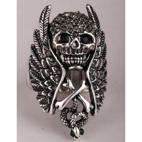 Skull wings cross snake stretch ring for women biker gothic jewelry antique silver color W crystal dropshipping wholesale