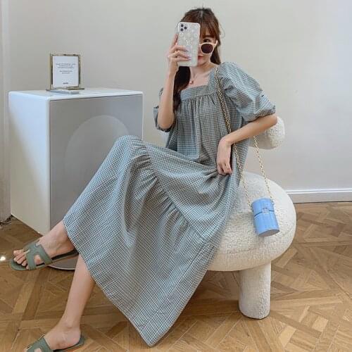 S-2XL Women Summer Square Collar Plaid Long Loose Dress Sashes Puff Sleeve Sweet Slim Waist Maxi Sundress 2021 New