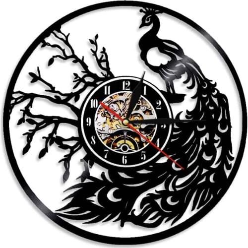 Peacock Feather Antique Vinyl Record Wall Clock Wild Animals Nature Creature Birds Wall Art Hanging House Decor Clocks Watch