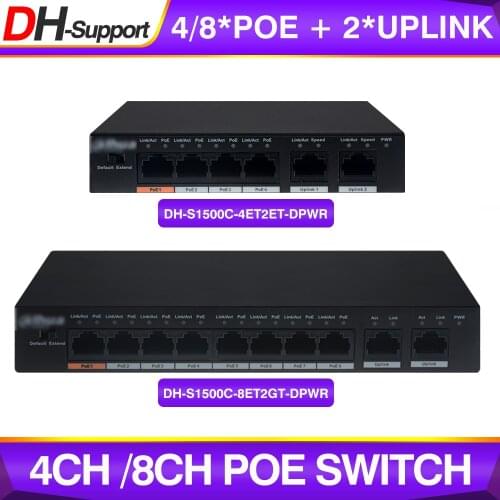 Dahua 4CH PoE Switch DH-S1500C-4ET2ET-DPWR 8CH DH-S1500C-8ET2GT-DPWR Ethernet Network Switch 250m MAX Standard PoE for IP Camera