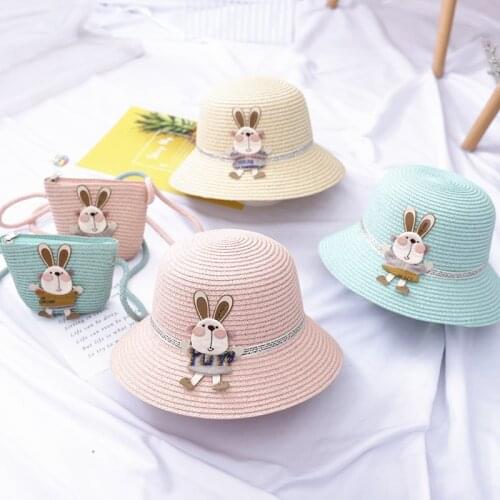 Summer Girl breathable straw hat +handbag sets Child baby sun hat Panama cap Gorros Kids hat cartoon Sunscreen shoulder bags