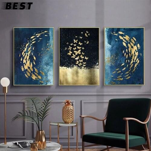 Nordic ouro preto peixe borboleta arte da parede hd lona poster impressão pintura em tela quadro decorativo para sala de estar d