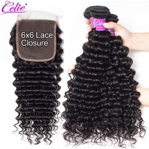 Celie Hair 6x6 Closure With Bundles Brazilian Deep Wave 3 Bundles With Closure Remy Curly Human Hair Bundles With Closure