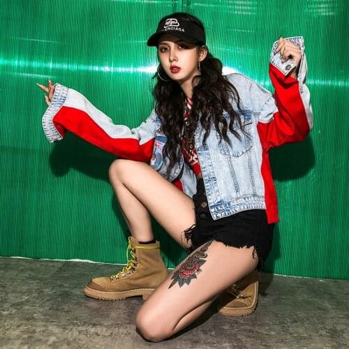 2019 Spring and Autumn Denim Jacket Women Street Style New Red Stitching Printing Loose Short Coats and Jackets