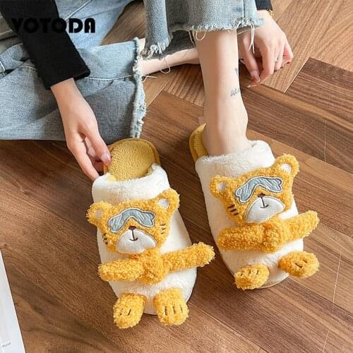 Women Cartoon Cute Bear Slippers Winter Furry Warm Cotton Flat Plush Bear Slides Female Fashion Indoor Flip Flops Ladies Shoes