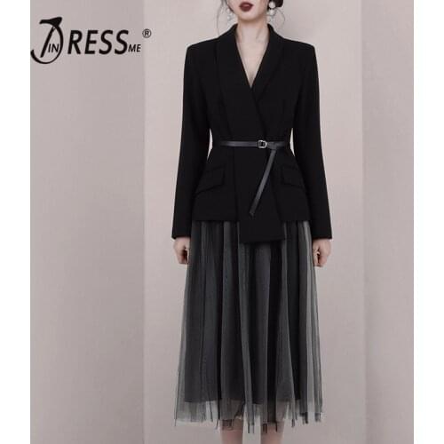 INDRESSME Fashion Long Sleeves Blazer with Belt A-Line Mesh Skirt Office Women Two-Piece Sets Black 2020 New