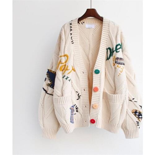 YYCZF Autumn Winter Women Cardigan Warm Knitted Sweater Jacket Pocket Embroidery Fashion Knit Cardigans Coat Lady Loose Sweaters