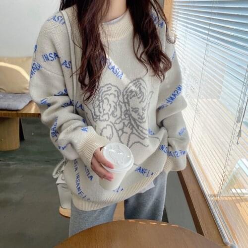 Women 2021 Winter Oversized Streetwear Angel Pattern WomenS Knitting Sweater Retro Lazy Pullover Round Neck Fashion Sweater
