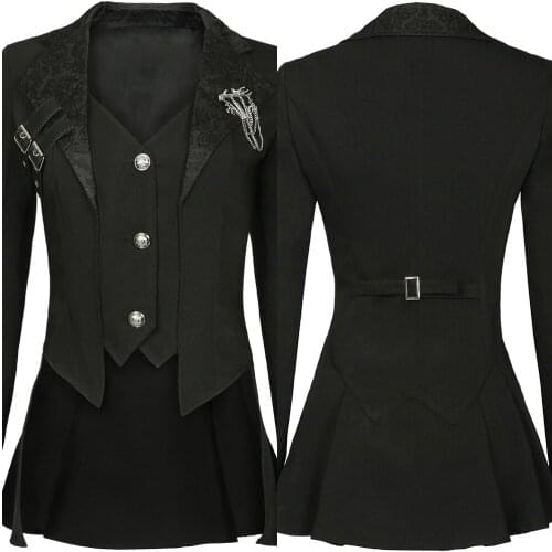 Women Medieval Victorian Jacket Coat Steampunk Gothic Costume Vintage Black Jacquard Button Trench Coat with Brooch