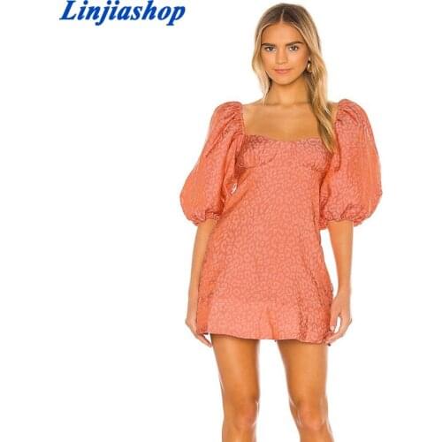 Spring summer women mini dress backless pink leopard dress square neck puff sleeve high waist party femme vestidos mujer