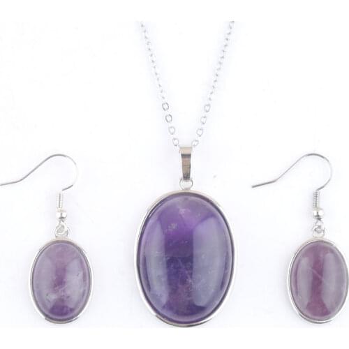 2 Sets Pendants Dangle Earrings Necklace Jewelry Set Oval Natural Stone Amethysts Bead Reiki Jewelry Chain 45cm QQ3109