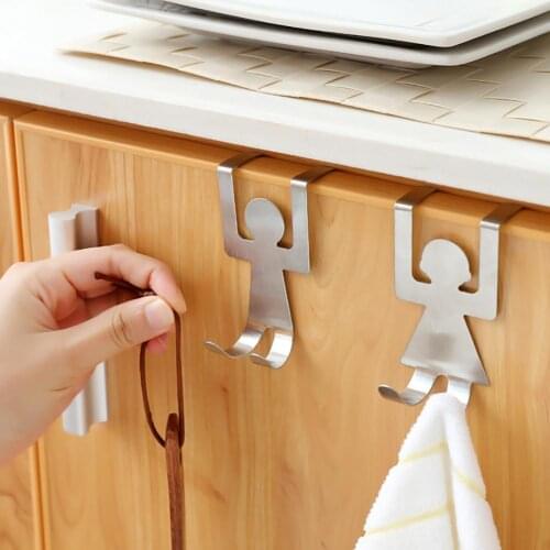 2Pcs/Set Cartoon Human Shaped Back Door Hooks Stainless Steel Nail Free Cabinet Storage Hook Door Hanger Hanging Holder Rack