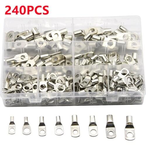 240Pcs SC Bare Terminals Lug Tinned Copper Crimp Terminals Ring Battery Wire Connectors Bare Cable Crimp Solder Terminal Kit