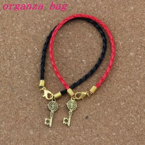 30pcs Leather Bracelet Antique Gold Saint Benedict Medal Cross Key Religious Alloy Charms Pendants B-351a