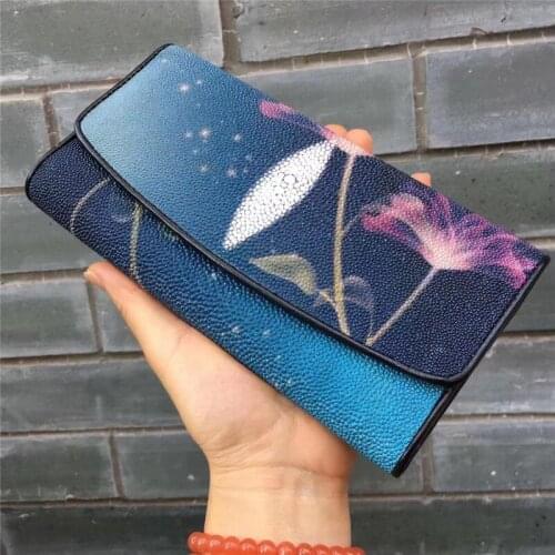 Authentic Real Stingray Skin Female Long Flower Trifold Wallet Genuine Leather Lady Large Clutch Purse Womens Card Holders