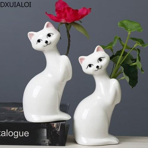 DXUIALOI Creative Cartoon Animal Ceramic Crafts Cat Vase Indoor Living Room Desktop Mini Flower Arrangement Vase Home Decoration