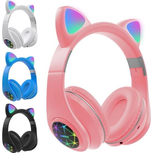 Ms Foldable Storage Macron Pink Lolita Headset Luminous Cat Ears Headphone With Button Tf Charging Audio Port Wireless Headphone