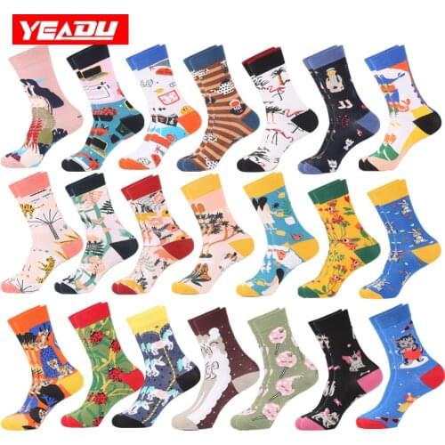 YEADU Colorful Combed Cotton Womens Socks Harajuku Kawaii Funny Japan Street Style Unicorn Tiger Dog Cat Flamingo Christmas