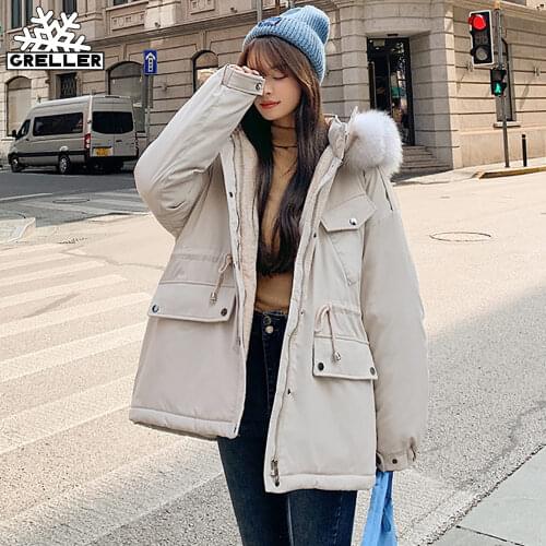 GRELLER Thick Fur Liner Winter Jacket Women Parkas Hooded Winter Coat Women Cotton Padded Jacket Coat Short Pockets Outwear