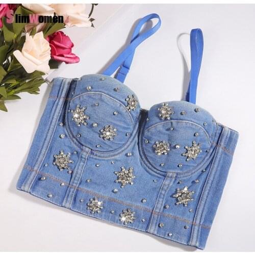 Summer Sexy Push Up Bras Camisole Top Bustiers Streetwear Korea Sweet Women Pink Rhinestone Corset Denim Crop Top with Chest Pad