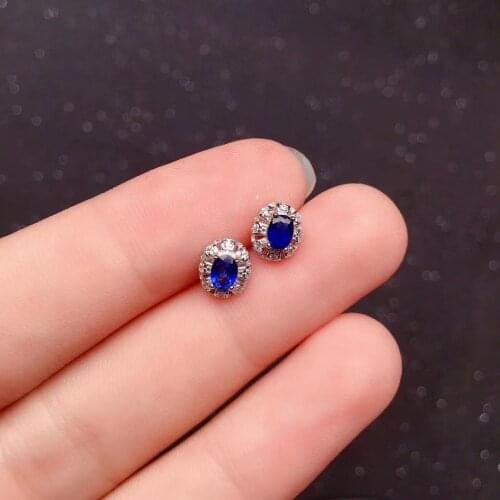 Small Sri Lanka Sapphire Stud Earrings 3mm*4mm Natural Sapphire Earrings 925 Silver Blue Sapphire Jewelry