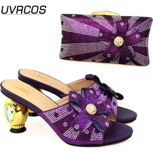 Fashion Shoes and Bags Set African Mature and noble purple Color Italian Shoe And Bag Set Decorated with Rhinestone High Quality