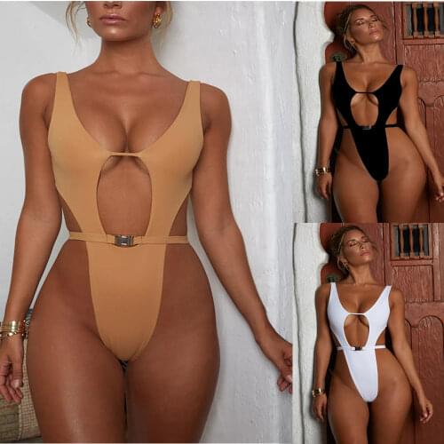 2021 Monokini Swimsuit One Piece Womens Black Sexy Cut Hollow Out Thong One-piece Bodysuit Swimwear Solid Swim Bathing Suit