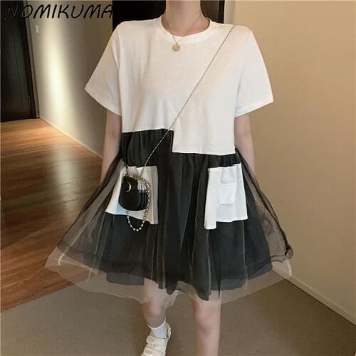 Nomikuma Sweet Woman Doll Shirt 2021 Summer New Irregular Mesh Patchwork Graphic T Shirts Short Sleeve O-neck Tee Tops 6J887