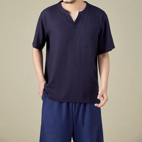 New Arrival Large Cotton Linen Men Thin Breathable Loose Stand Collar Short Sleeve Casual V-neck Summer T-shirt Plus Size M-6XL