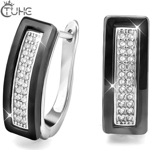 New U Shape Crystal Stud Earrings for Women Ear Jewelry Black White Real Natural Ceramic Earring Wedding Engagement Accessories