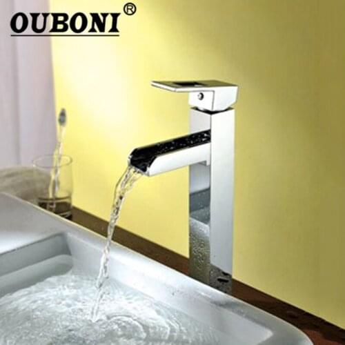 OUBONI Bathroom Chrome Brass Waterfall Faucet Basin Mixer Faucets Hot and Cold Water Chrome Deck Mounted Mixer Tap