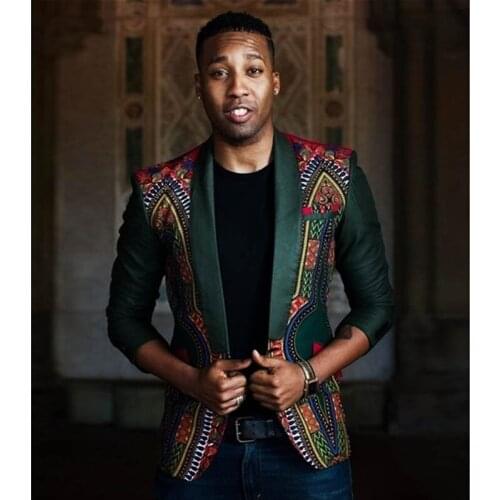 2020 Casual African Ethnic Printing Stitching Men Blazer Green Slim fit Jacket for Men Summer Fashion Men Suit Blazer Male Coat
