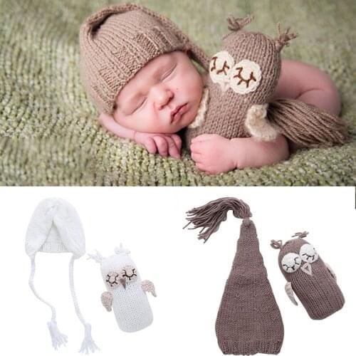 Newborn Baby Girls Boys Photography Prop Baby Hat+ Owl Doll Set Photo Owl Hat Set Crochet Knit Outfits