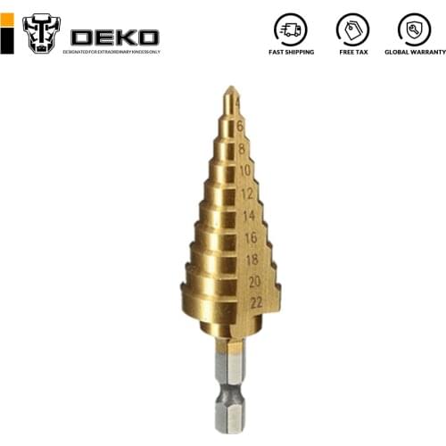 DEKO Titanium Coated 10 Step Drill Cone Drill Bits 4-22mm HSS 4241 Wood Metal Drilling Tool Hole Cutter Power Tools