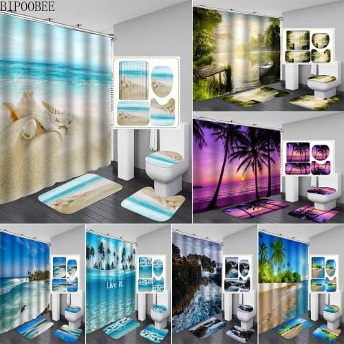 Beach Shell Starfish Print Shower Curtain Ocean 3D Bathroom Curtains Flannel Anti-slip Carpet Toilet Lid Cover Bath Mats Rugs