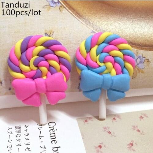 Tanduzi 100pcs Wholesale Polymer Clay Flatback Simulation Food Lollipop Candy Bowknot Cabochon DIY Home Decorations Clay Crafts