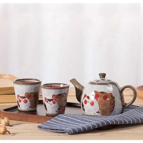 3-piece kiln Japanese tea set one pot two cups ceramic teapot tea cup tea hand-painted retro cute Japanese style cup