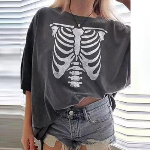Halloween Bone Printing Women Blouse Shirts Vintage O Neck Loose Pullover Spring Autumn Long Sleeve Fashion Streetwear Lady Tops