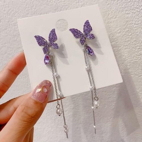Purple Sweet Cute Butterfly Ear Pendant Female Temperament Tassel Summer Earrings High Sense French Net Red Ear Stud