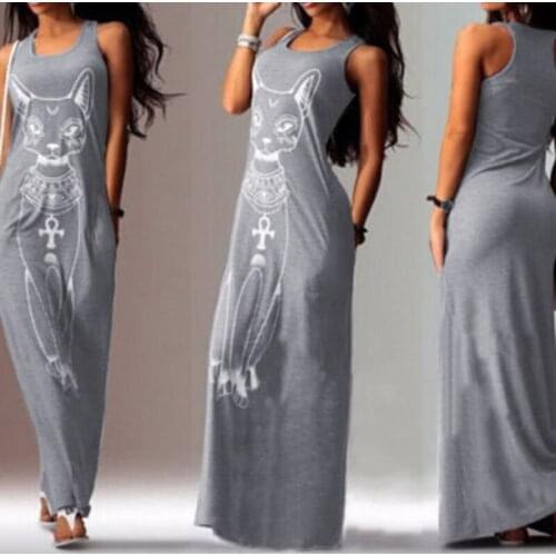 Women Summer Maxi Dress Print Sleeveless Scoop Neck Sundress With Pockets D08E