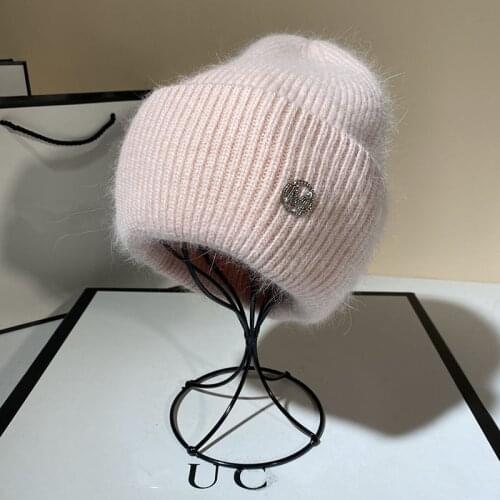 202107-xiyuan winter Angora rabbit M letter keep warm knitting solid cap leisure lady Skullies Beanies cap men women cool hat