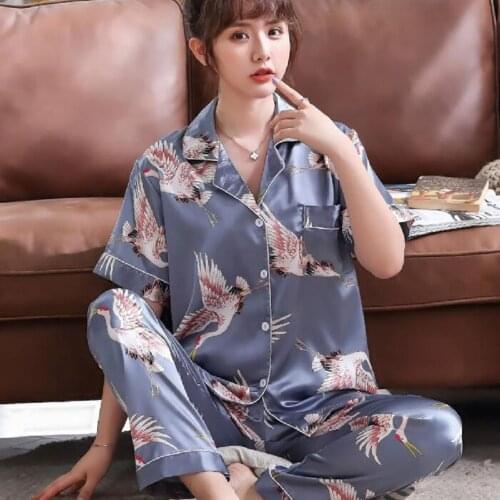 2021 New Summer Womens Pajamas Set Sexy Silk Satin Turn-down Collar Nightgown Sleepwear Short Sleeve long Pant Plus Size 4XL 5XL