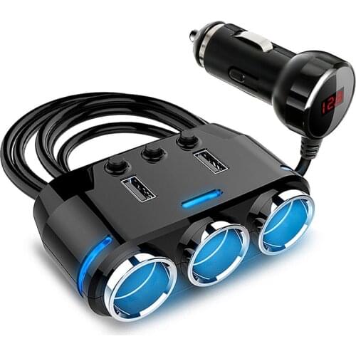 9.2*5.2*3.2cm 3Way Cigarette Lighter Socket Splitter Power Adapter Dual USB Car Charger 12/24V