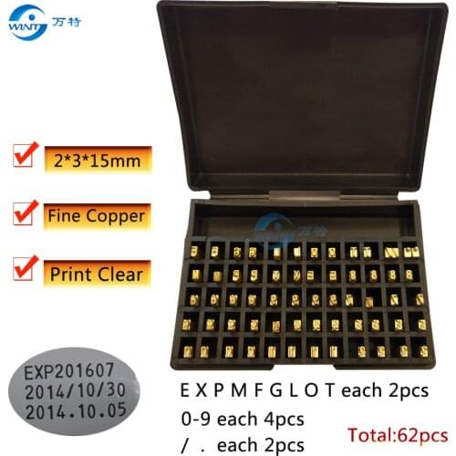 Free shipping 2*3*15mm,Hot stamping letters and numbers ,Copper , date , metal typewriter for coding machine date code printer