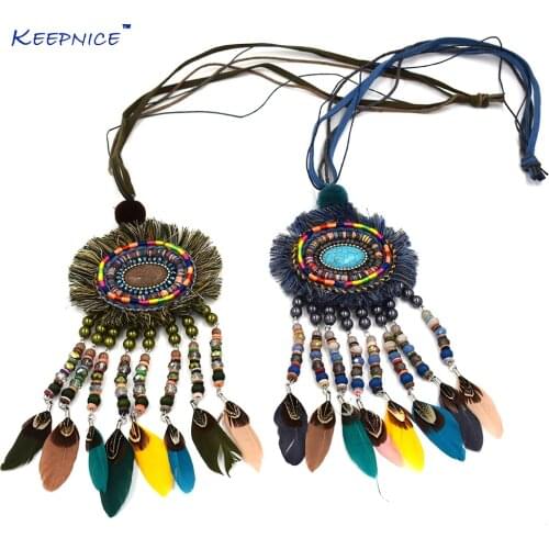 New Handmade Bohemia Boho Beads Long Fringe Pendant Maxi Necklace Colorful Beaded Chain Feather Tassel Pendants Necklaces